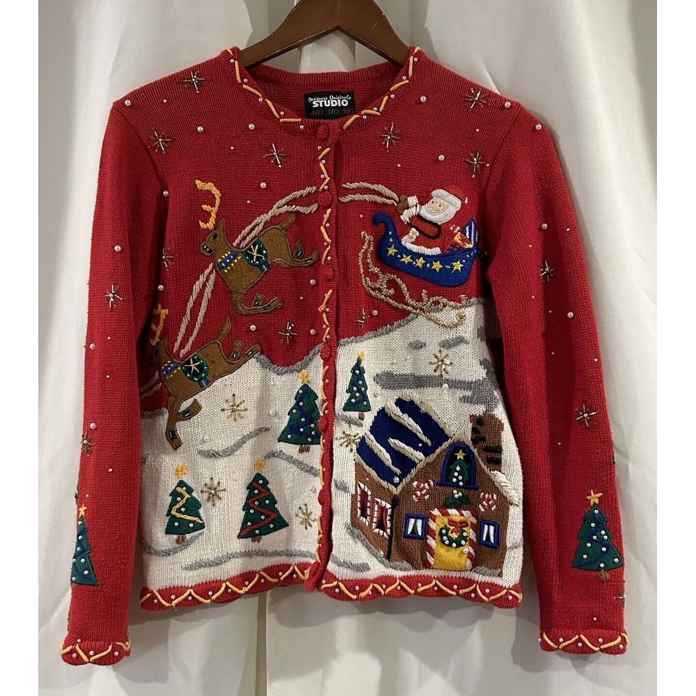 Designers Studio Originals Embroidered Beaded Christmas Cardigan Womens‎ P Small